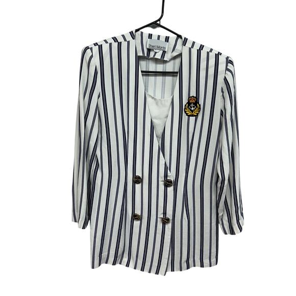 Nautical Striped Blazer Top Sheri Martin Anchor Crest Double Breasted Preppy 10 - Picture 1 of 7